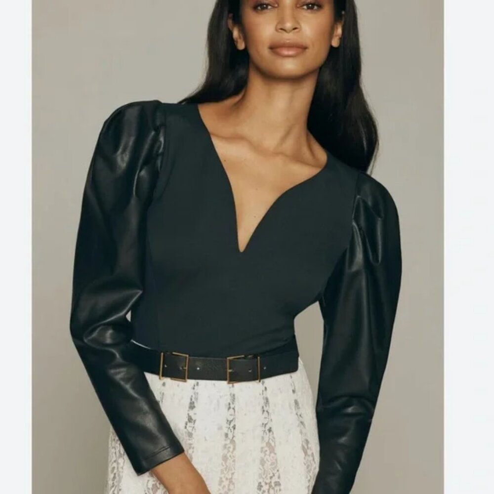 NWOT by Anthropologie Faux Leather Puff Sleeve Blouse